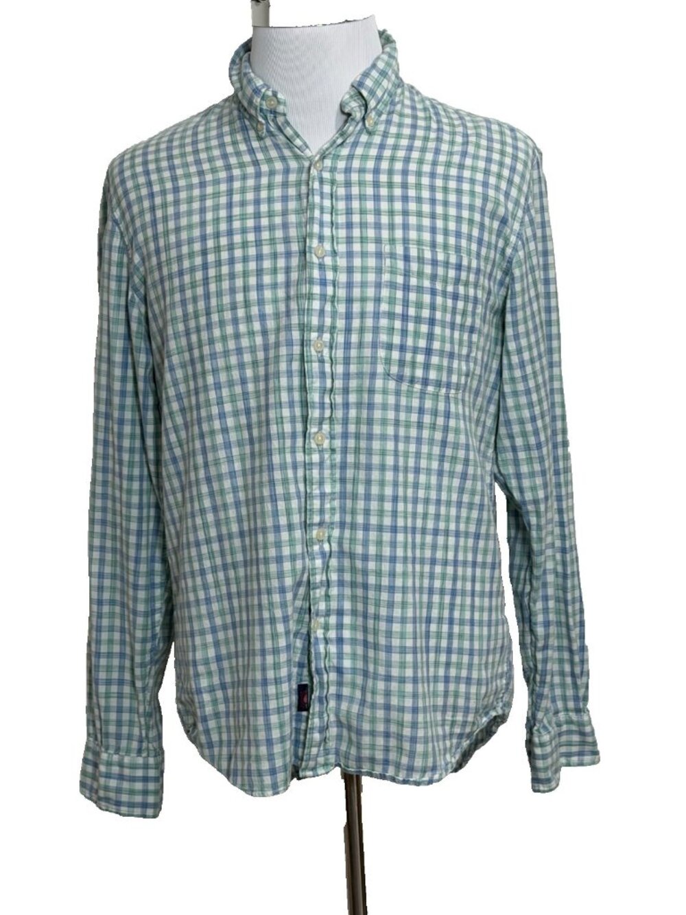 FAHERTY Cotton Button Down Plaid Shirt Mens Large Long Sleeve Green Blue